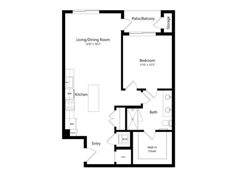 Floor plan for 1 bed, 1 bath, 797 sqft
